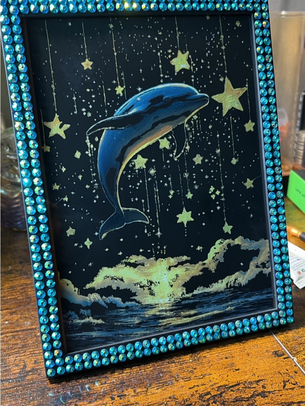 Original Blue Jeweled Dolphin Wall Art Frame (12 Hour Handmade)
